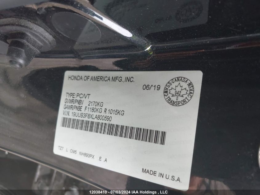 2020 Acura Tlx VIN: 19UUB3F8XLA800590 Lot: 12038410