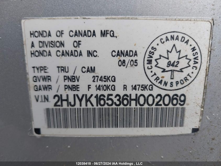 2006 Honda Ridgeline VIN: 2HJYK16536H002069 Lot: 12038418