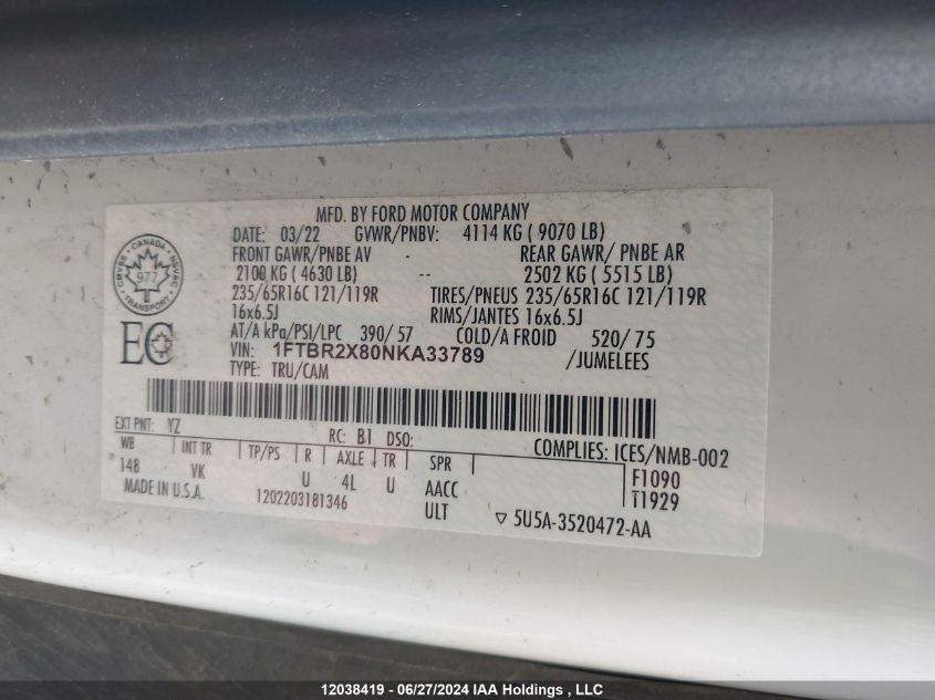 2022 Ford Transit T-250 VIN: 1FTBR2X80NKA33789 Lot: 12038419