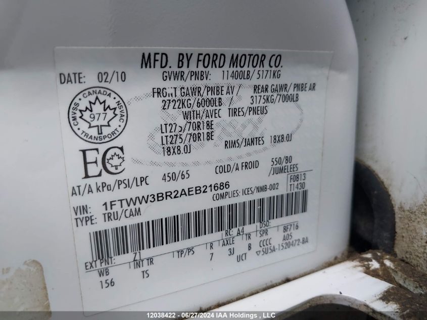 2010 Ford Super Duty F-350 Srw VIN: 1FTWW3BR2AEB21686 Lot: 12038422