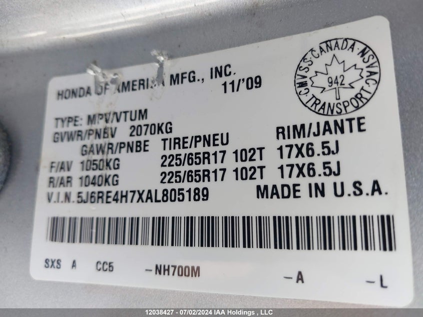 2010 Honda Cr-V VIN: 5J6RE4H7XAL805189 Lot: 12038427
