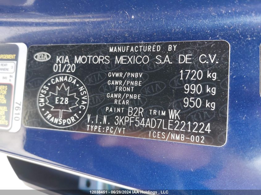 2020 Kia Forte VIN: 3KPF54AD7LE221224 Lot: 12038451