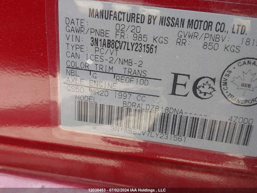 2020 Nissan Sentra VIN: 3N1AB8CV7LY231561 Lot: 12038453