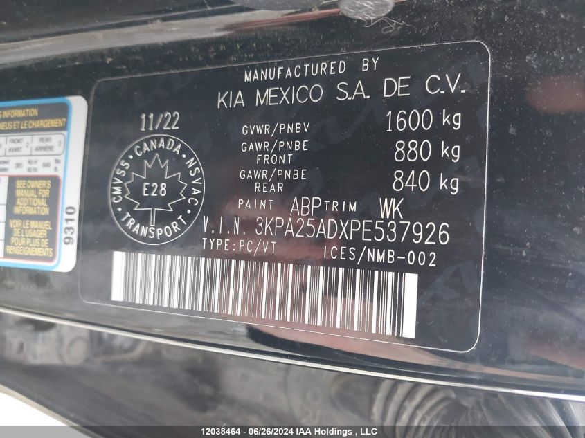 2023 Kia Rio S VIN: 3KPA25ADXPE537926 Lot: 12038464