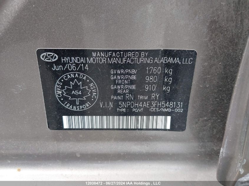 2015 Hyundai Elantra Gl VIN: 5NPDH4AE3FH548131 Lot: 12038472