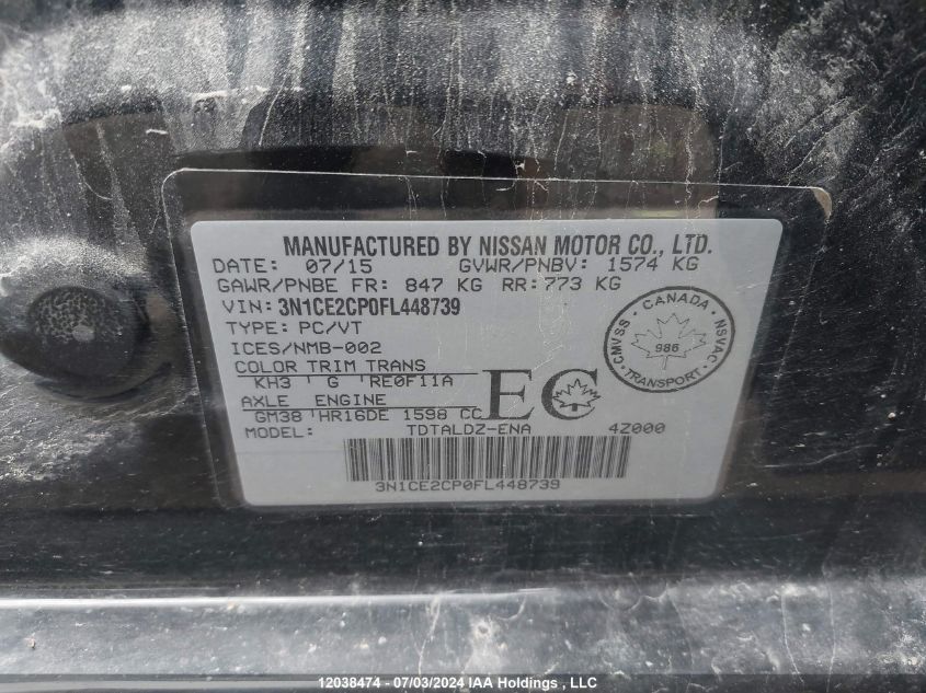 2015 Nissan Versa Note VIN: 3N1CE2CP0FL448739 Lot: 12038474