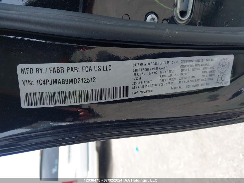 2021 Jeep Cherokee Sport VIN: 1C4PJMAB9MD212512 Lot: 12038475