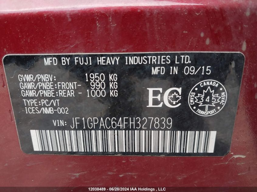 2015 Subaru Impreza VIN: JF1GPAC64FH327839 Lot: 12038489