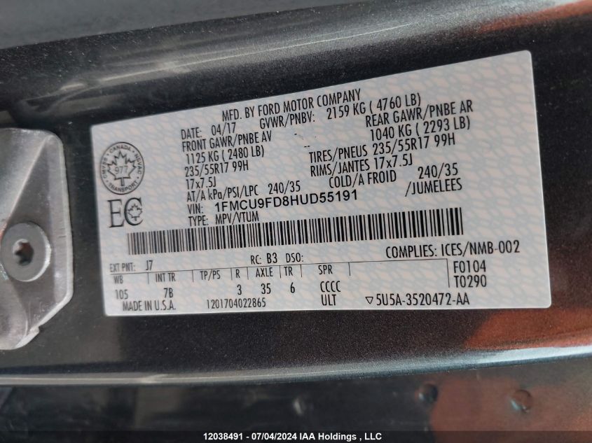 2017 Ford Escape S VIN: 1FMCU9FD8HUD55191 Lot: 12038491