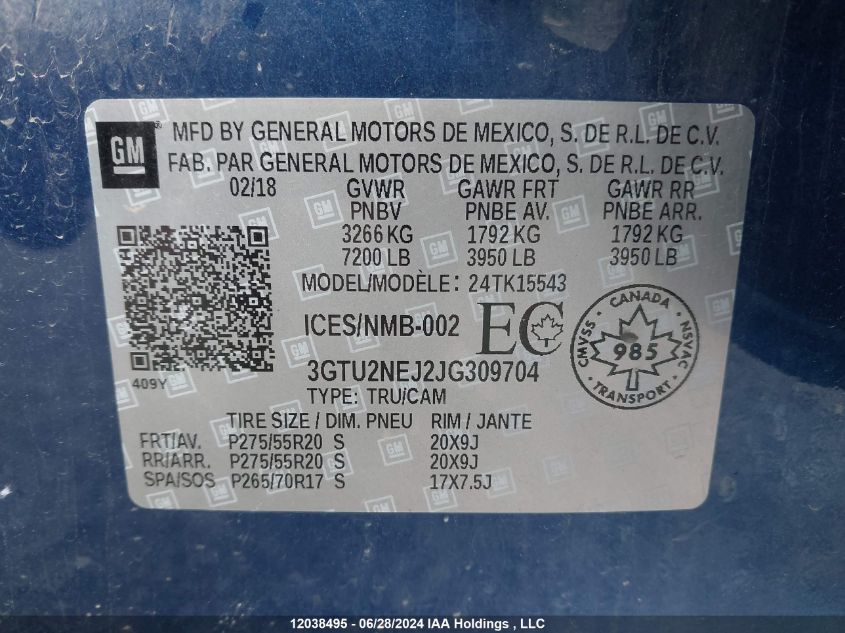 2018 GMC Sierra 1500 VIN: 3GTU2NEJ2JG309704 Lot: 12038495