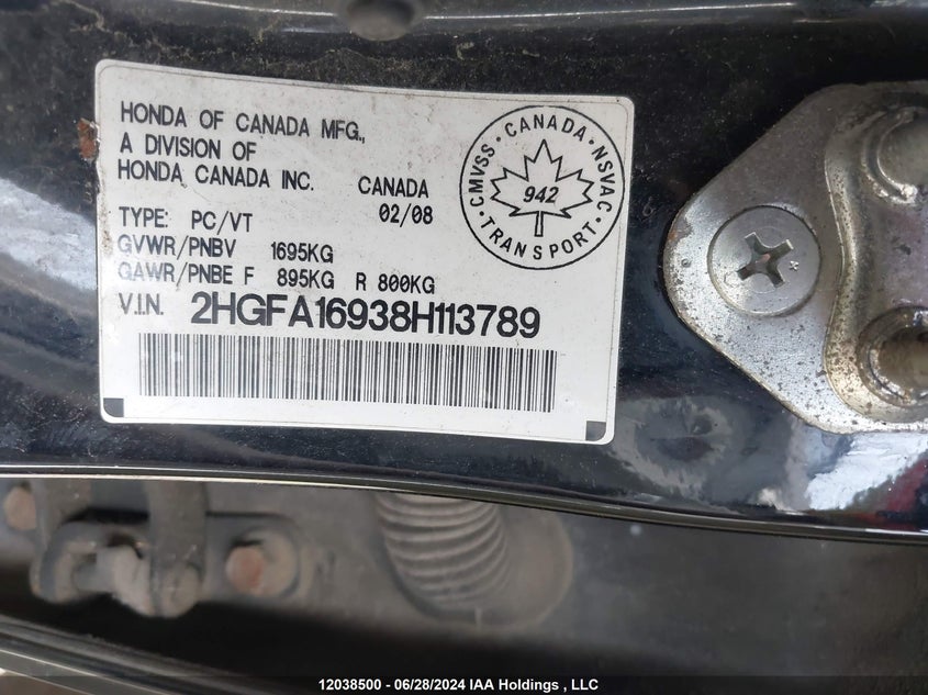 2008 Honda Civic Sdn VIN: 2HGFA16938H113789 Lot: 12038500