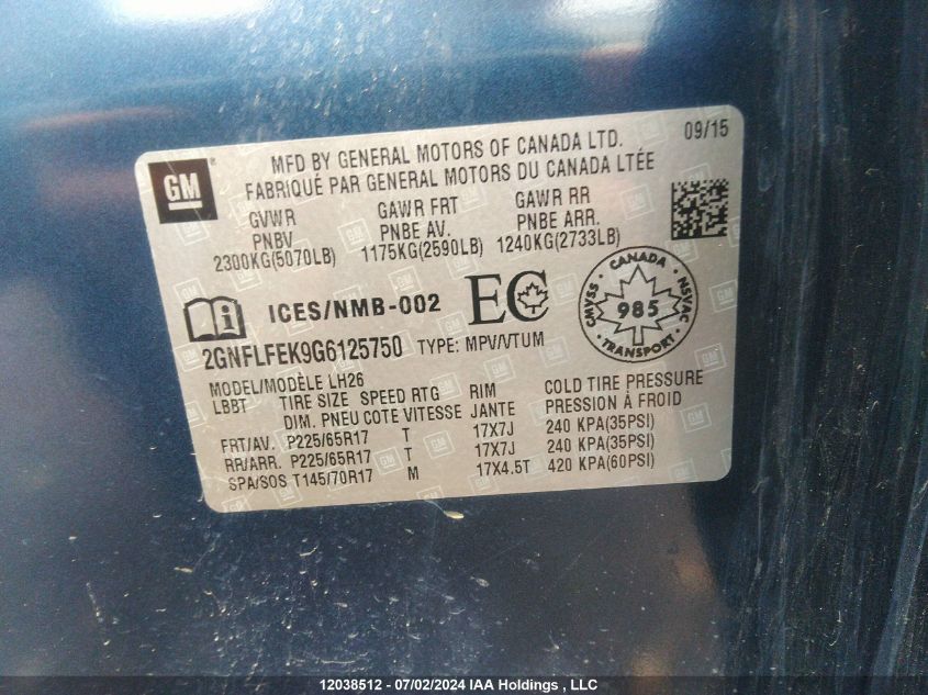 2016 Chevrolet Equinox VIN: 2GNFLFEK9G6125750 Lot: 12038512