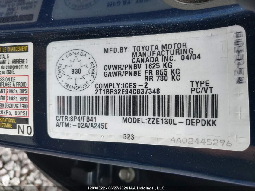 2004 Toyota Corolla Ce/Le/S VIN: 2T1BR32E94C837348 Lot: 12038522