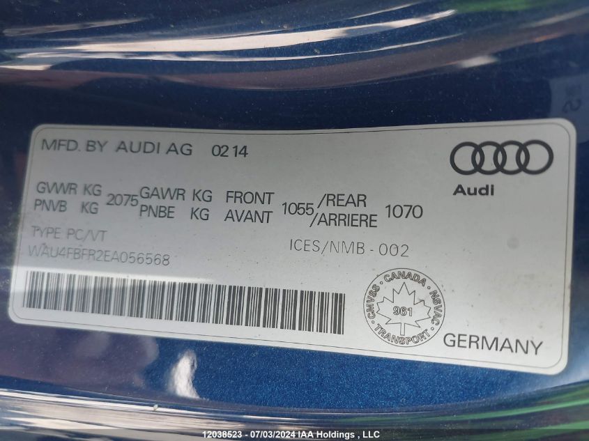 2014 Audi A5 VIN: WAU4FBFR2EA056568 Lot: 12038523