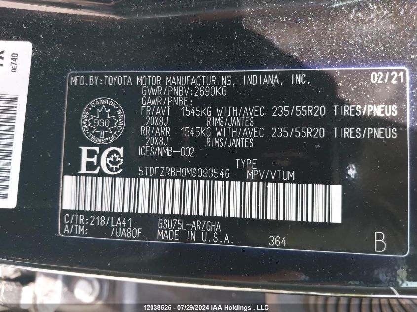 2021 Toyota Highlander Limited VIN: 5TDFZRBH9MS093546 Lot: 12038525