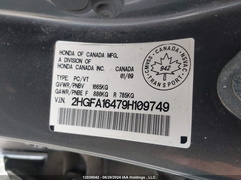2009 Honda Civic Sdn VIN: 2HGFA16479H109749 Lot: 12038542