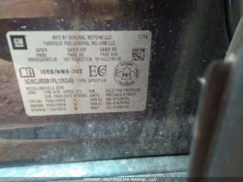 2015 Chevrolet Trax VIN: 3GNCJRSB1FL126349 Lot: 12038547