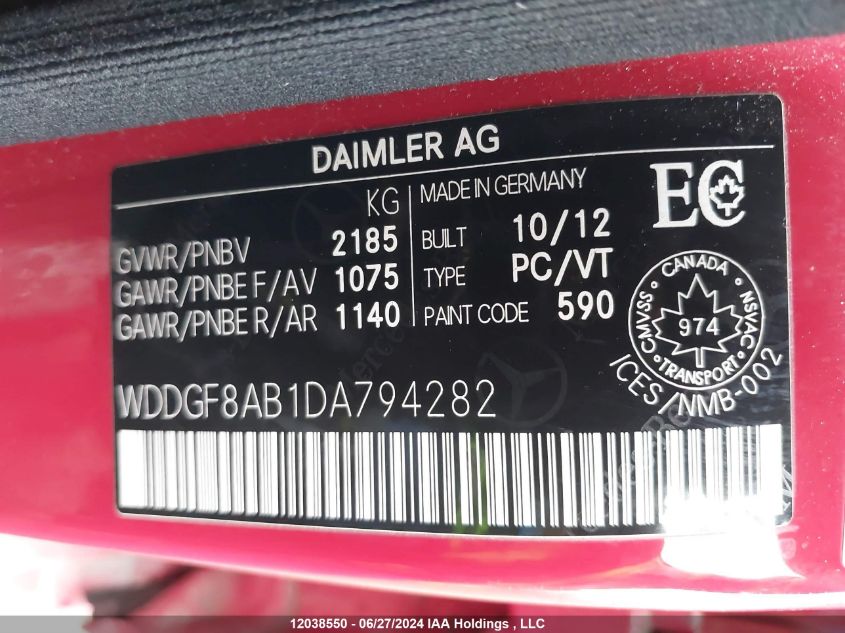 2013 Mercedes-Benz C-Class VIN: WDDGF8AB1DA794282 Lot: 12038550