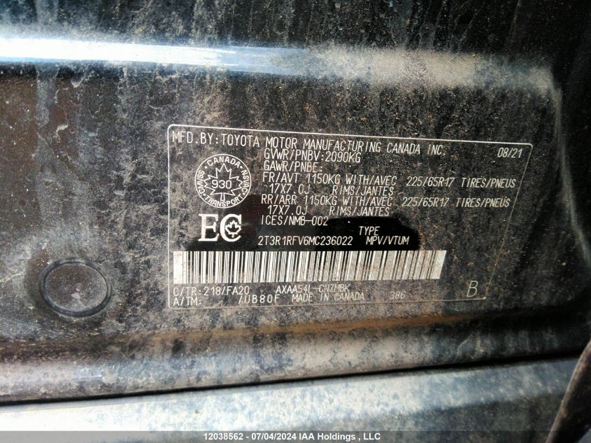 2021 Toyota Rav4 Xle VIN: 2T3R1RFV6MC236022 Lot: 12038562