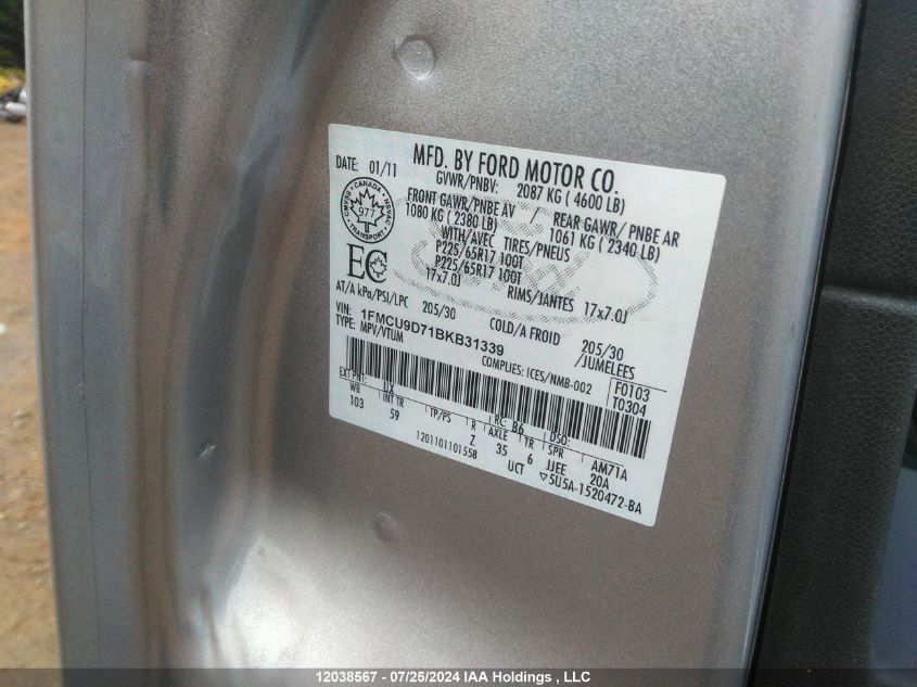 2011 Ford Escape Xlt VIN: 1FMCU9D71BKB31339 Lot: 12038567