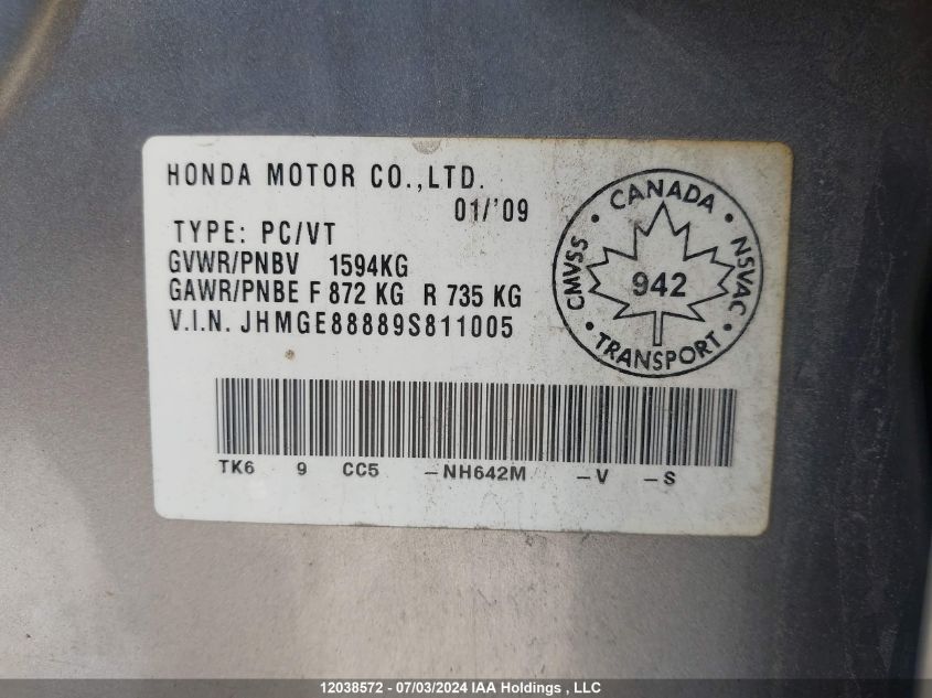 2009 Honda Fit VIN: JHMGE88889S811005 Lot: 12038572