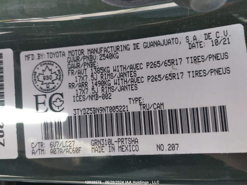 2022 Toyota Tacoma Double Cab/Sr5/Trd Sport/Trd Off Road VIN: 3TYDZ5BN9NT005221 Lot: 12038576