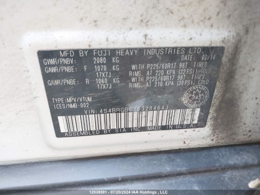 2014 Subaru Legacy Outback VIN: 4S4BRGBC1E3284643 Lot: 12038591