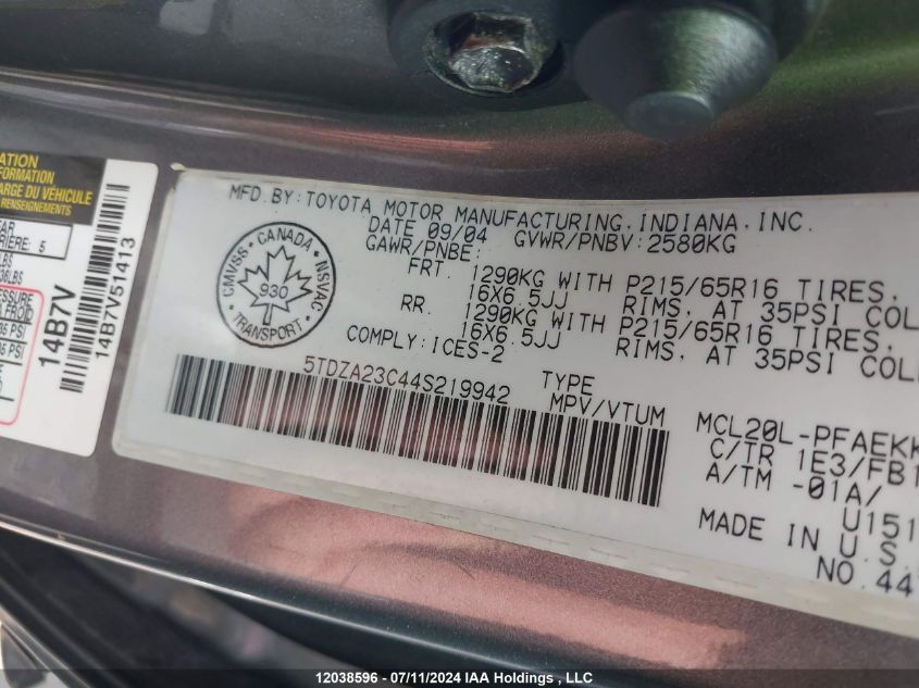 2004 Toyota Sienna Ce/Le VIN: 5TDZA23C44S219942 Lot: 12038596