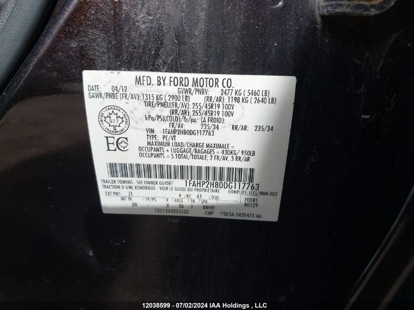 2013 Ford Taurus Se VIN: 1FAHP2H80DG117763 Lot: 12038599