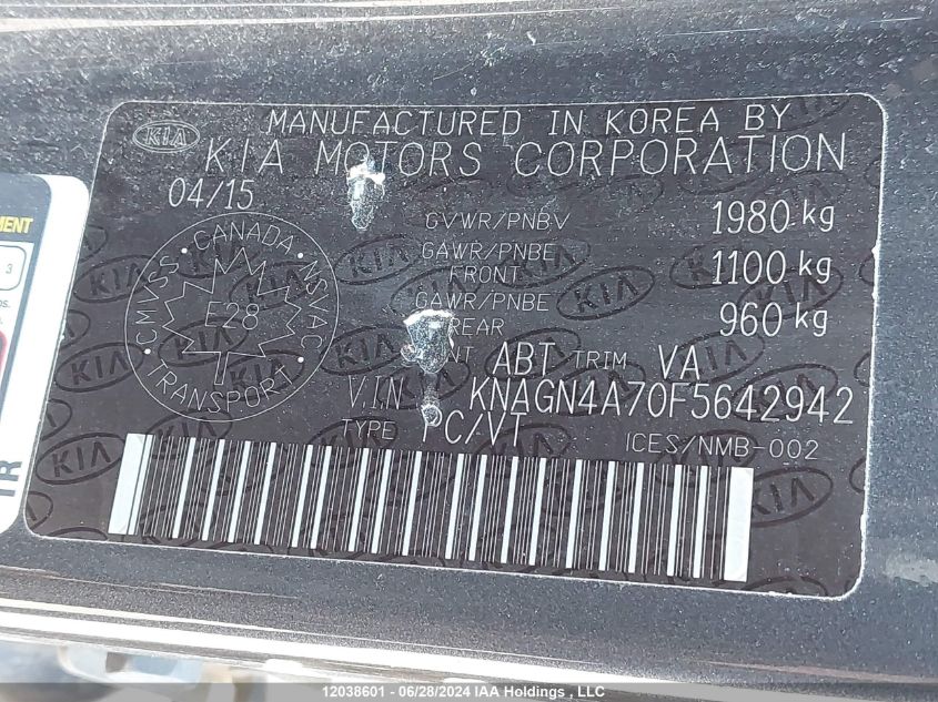 2015 Kia Optima VIN: KNAGN4A70F5642942 Lot: 12038601