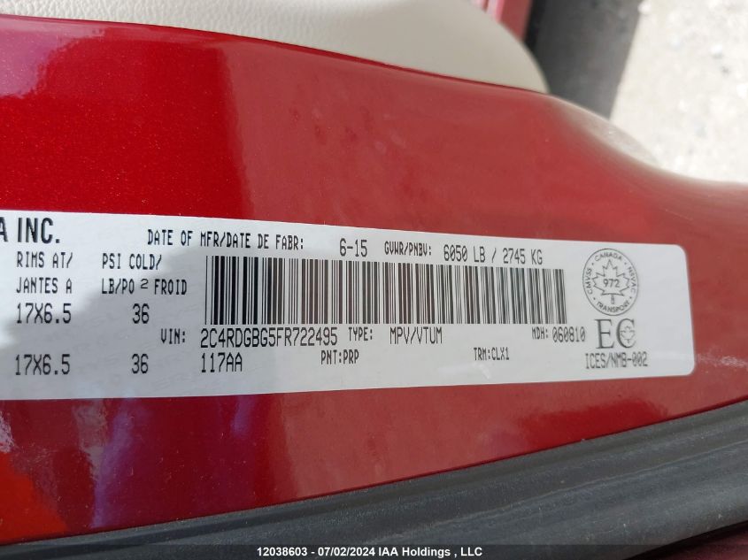 2015 Dodge Grand Caravan Se/Sxt VIN: 2C4RDGBG5FR722495 Lot: 12038603