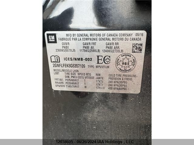 2016 Chevrolet Equinox Lt VIN: 2GNFLFEK8G6357109 Lot: 12038605