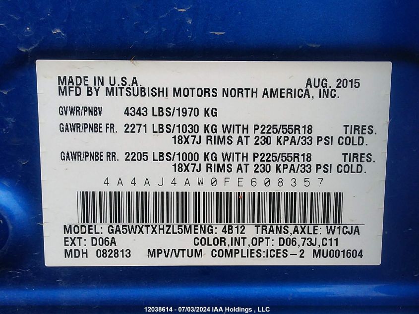 2015 Mitsubishi Rvr VIN: 4A4AJ4AW0FE608357 Lot: 12038614