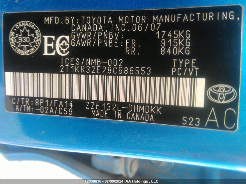 2008 Toyota Matrix VIN: 2T1KR32E28C686553 Lot: 12038616