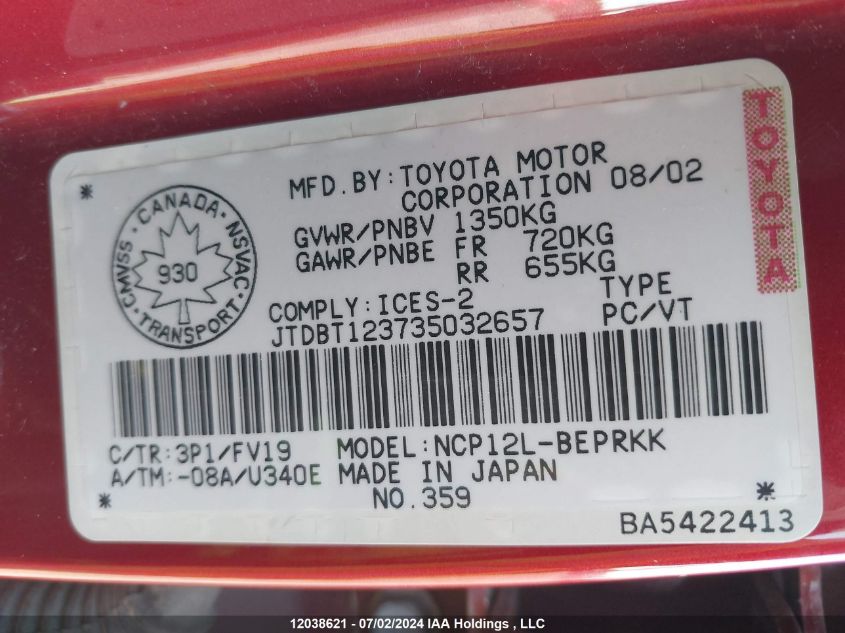 2003 Toyota Echo VIN: JTDBT123735032657 Lot: 12038621