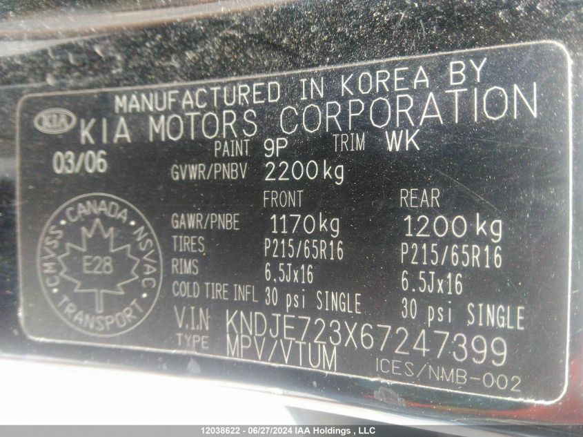 2006 Kia Sportage VIN: KNDJE723X67247399 Lot: 12038622