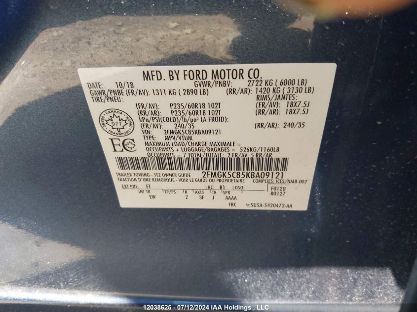 2FMGK5C85KBA09121 2019 Ford Flex Sel