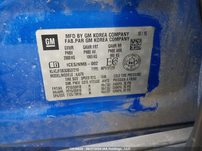 2016 Buick Encore VIN: KL4CJFSB3GB537210 Lot: 12038628