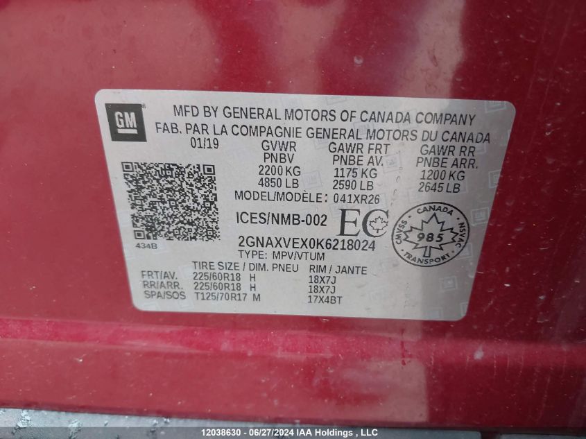 2019 Chevrolet Equinox Lt VIN: 2GNAXVEX0K6218024 Lot: 12038630