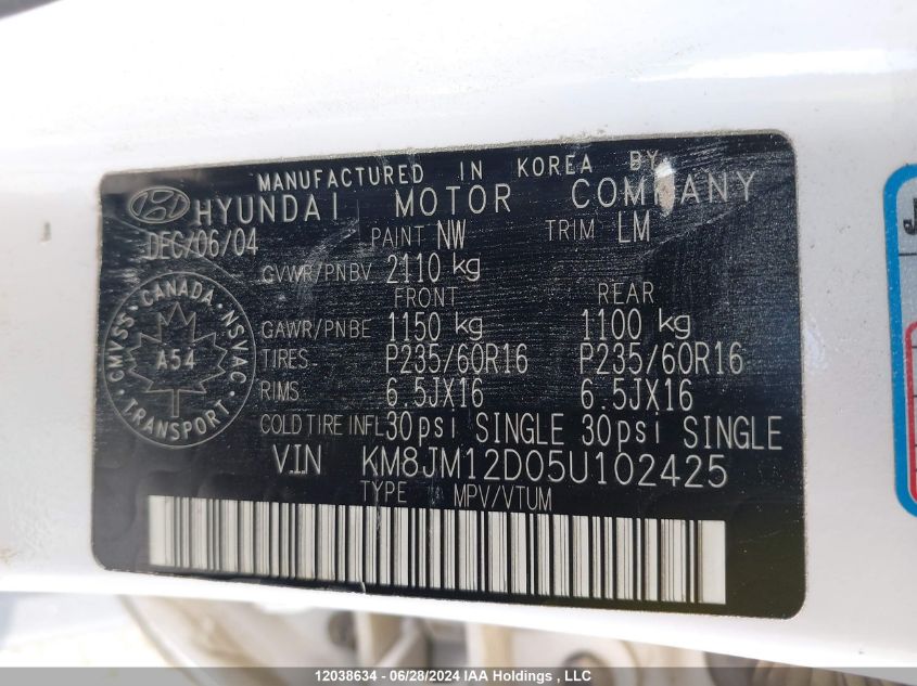 2005 Hyundai Tucson VIN: KM8JM12D05U102425 Lot: 12038634