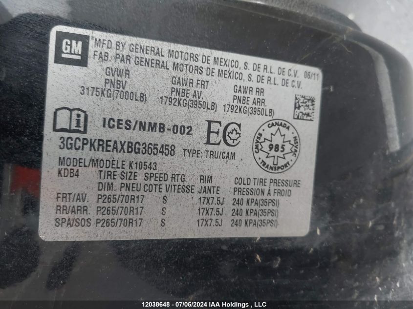 2011 Chevrolet Silverado 1500 VIN: 3GCPKREAXBG365458 Lot: 12038648