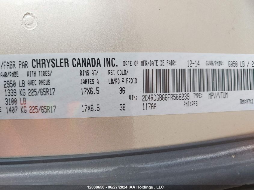 2015 Dodge Grand Caravan Se VIN: 2C4RDGBG6FR566239 Lot: 12038650