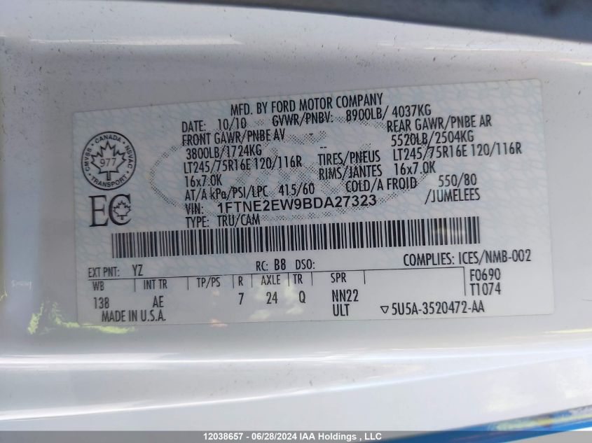 2011 Ford Econoline E250 Van VIN: 1FTNE2EW9BDA27323 Lot: 12038657