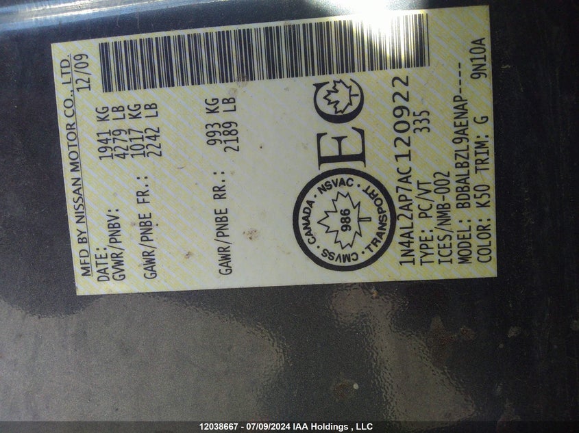 2010 Nissan Altima 2.5 S VIN: 1N4AL2AP7AC120922 Lot: 12038667