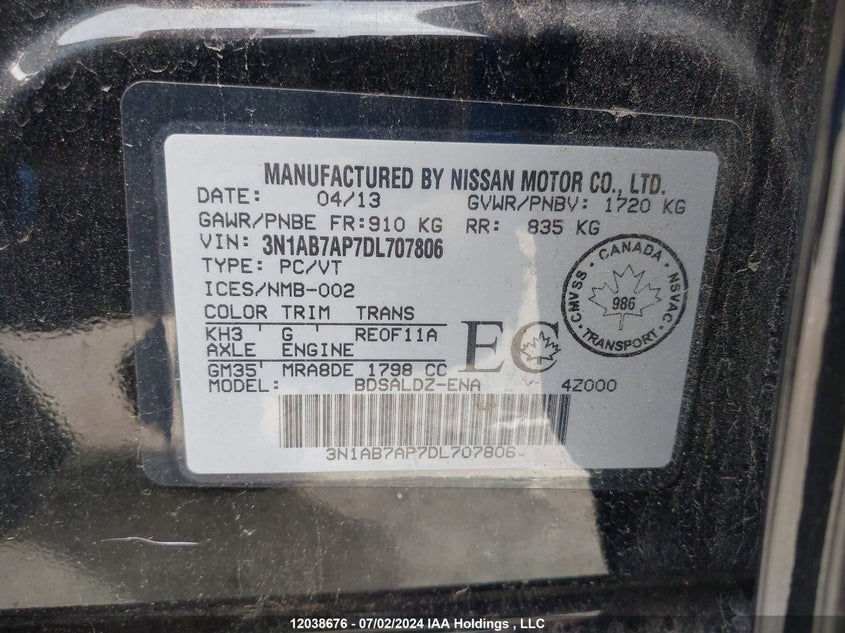 2013 Nissan Sentra S/Sv/Sr/Sl VIN: 3N1AB7AP7DL707806 Lot: 12038676