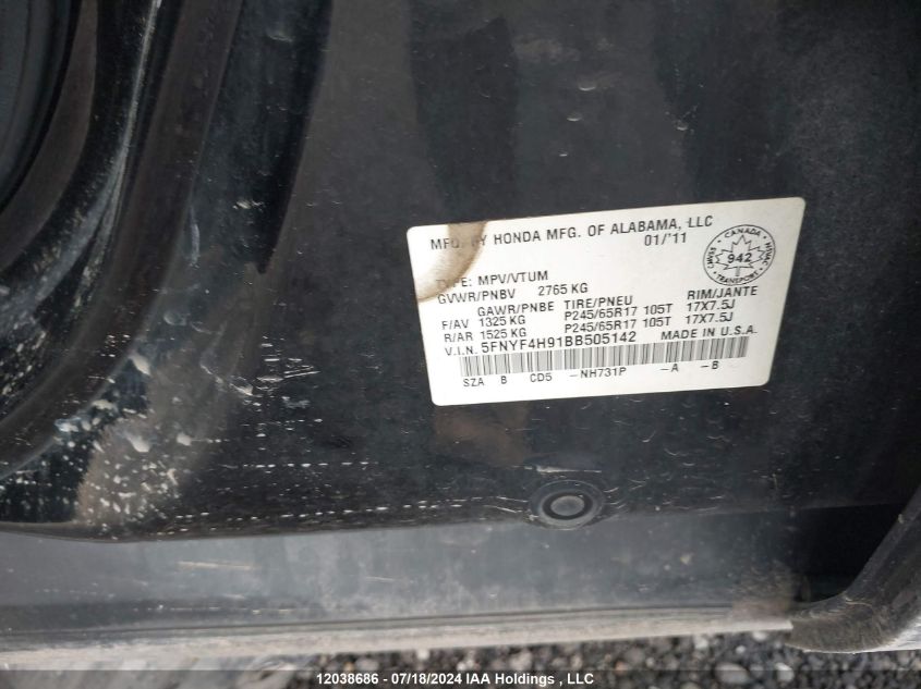 2011 Honda Pilot VIN: 5FNYF4H91BB505142 Lot: 12038686