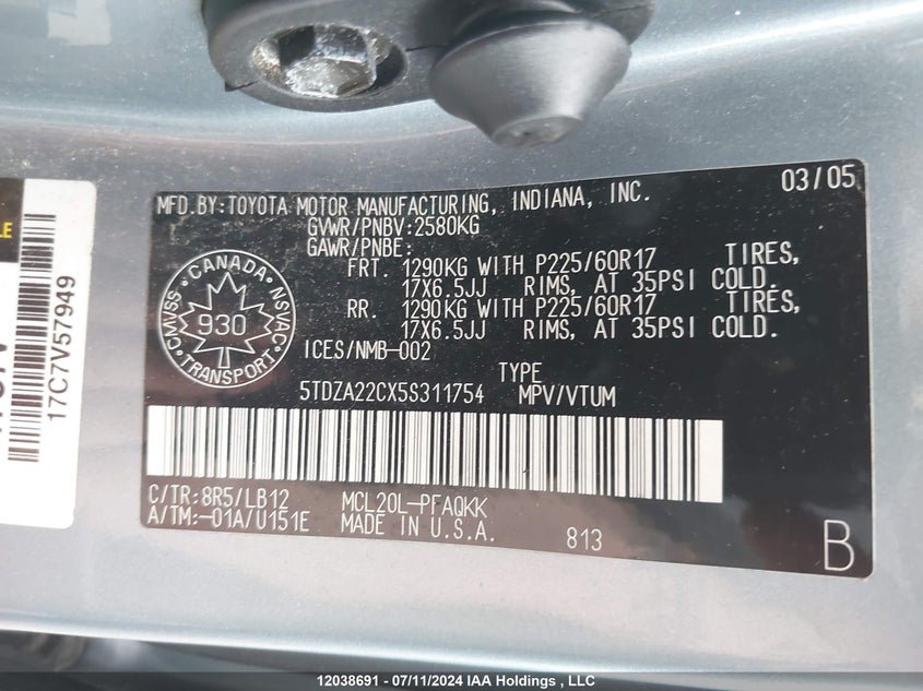 2005 Toyota Sienna Xle/Xle Limited VIN: 5TDZA22CX5S311754 Lot: 12038691