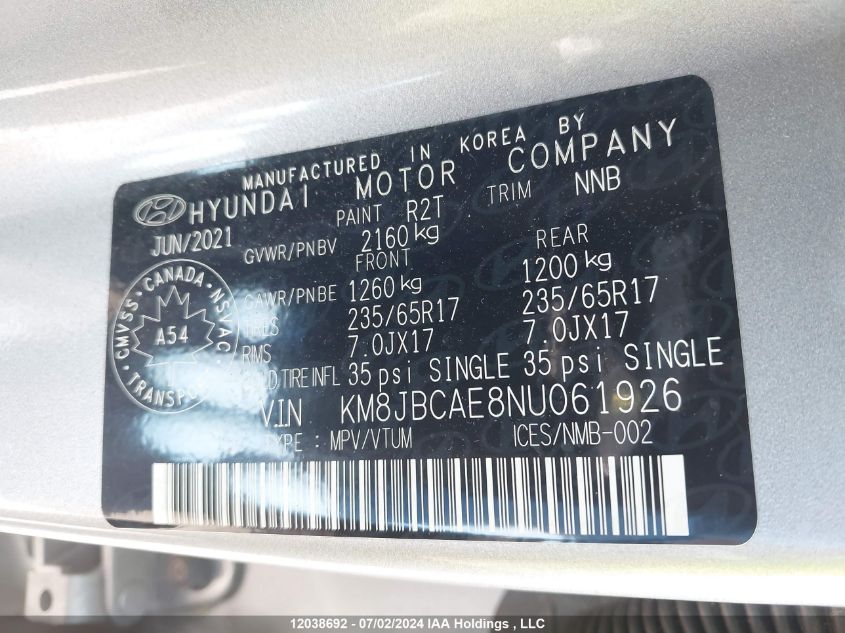 2022 Hyundai Tucson VIN: KM8JBCAE8NU061926 Lot: 12038692