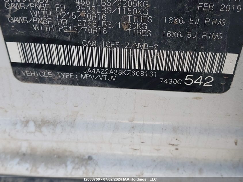 2019 Mitsubishi Outlander VIN: JA4AZ2A38KZ608131 Lot: 12038700