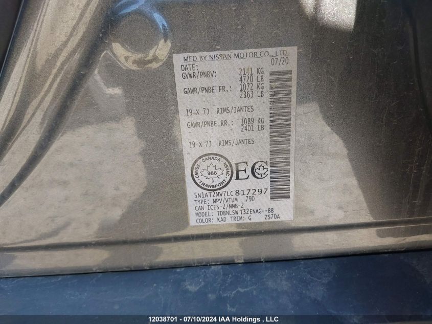 2020 Nissan Rogue VIN: 5N1AT2MV7LC817297 Lot: 12038701